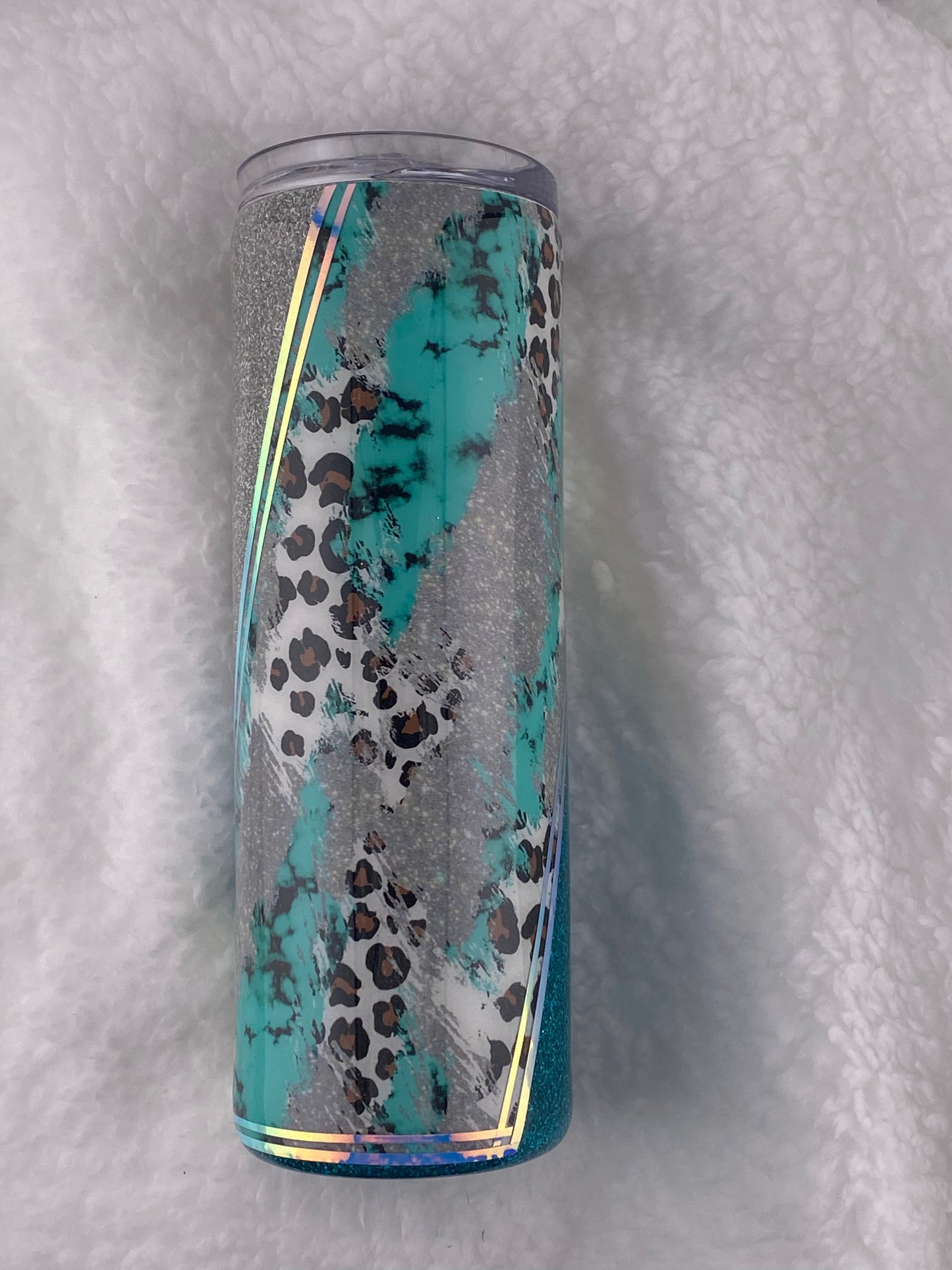 RTS printed vinyl with teal and silver glitter Tumbler