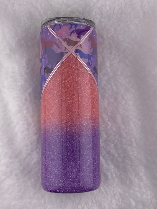 RTS V-Split with horse vinyl, purple and pink glitter Tumbler