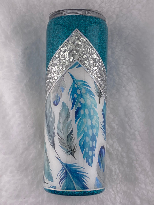 RTS V-Split with feather vinyl, teal and silver glitter Tumbler