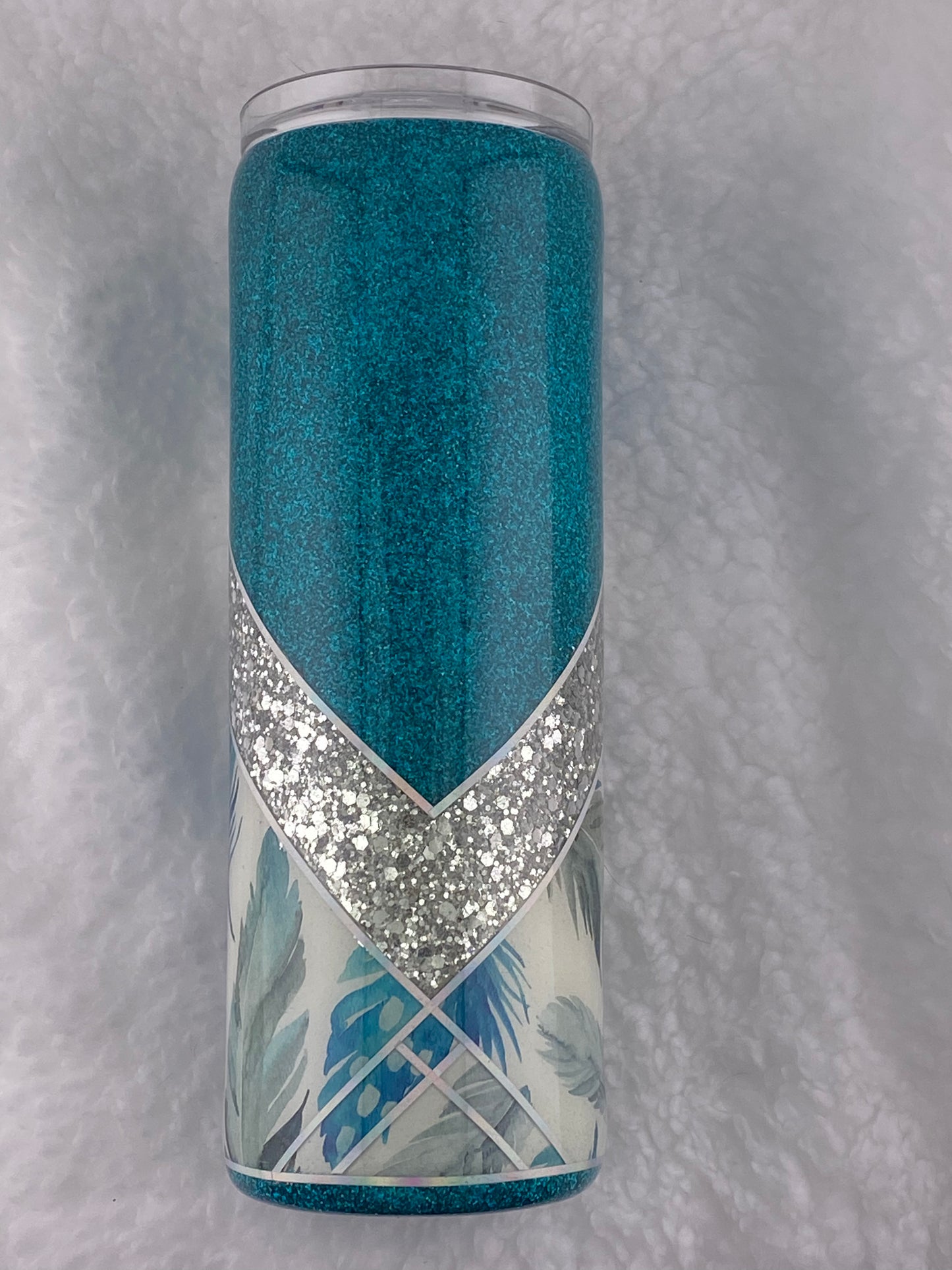 RTS V-Split with feather vinyl, teal and silver glitter Tumbler