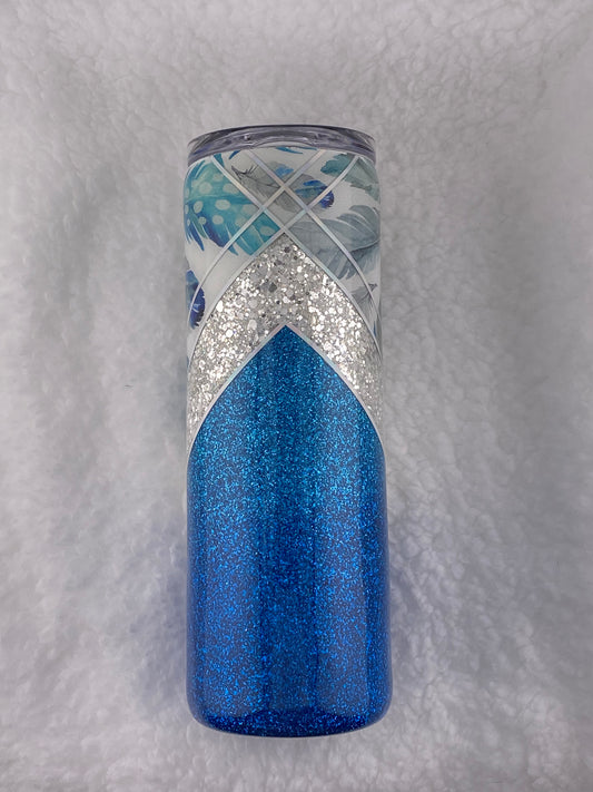 RTS V-Split- Feather vinyl, blue and teal ombre, and silver glitter Tumbler