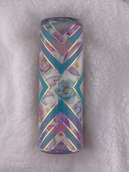 RTS Boujee X template with floral vinyl, teal, pink and purple glitter Tumbler