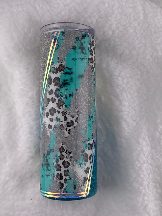 RTS printed vinyl with teal and silver glitter Tumbler