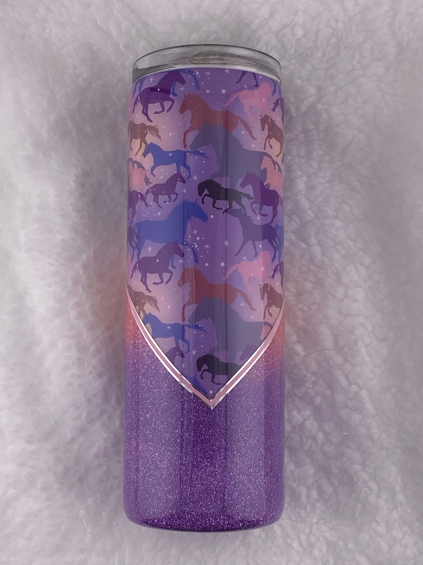 RTS V-Split with horse vinyl, purple and pink glitter Tumbler