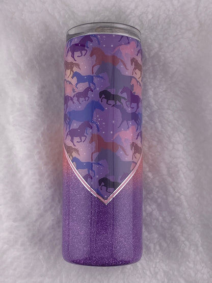 RTS V-Split with horse vinyl, purple and pink glitter Tumbler