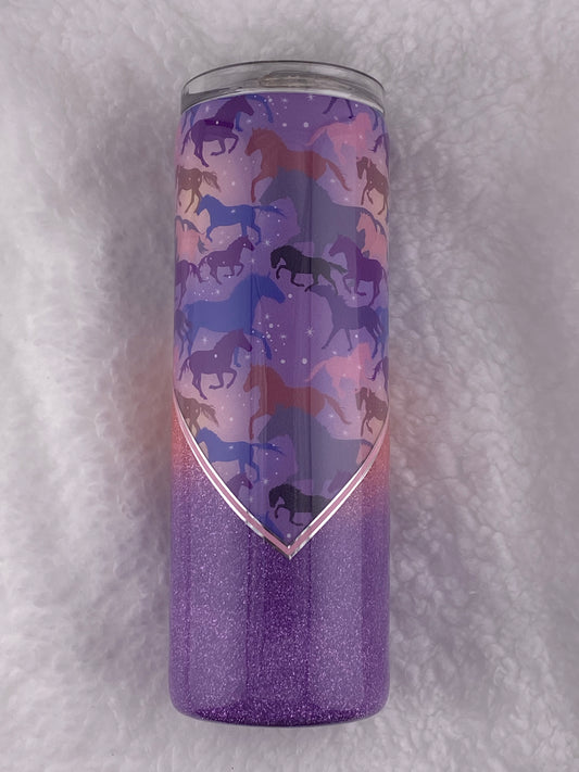RTS V-Split with horse vinyl, purple and pink glitter Tumbler
