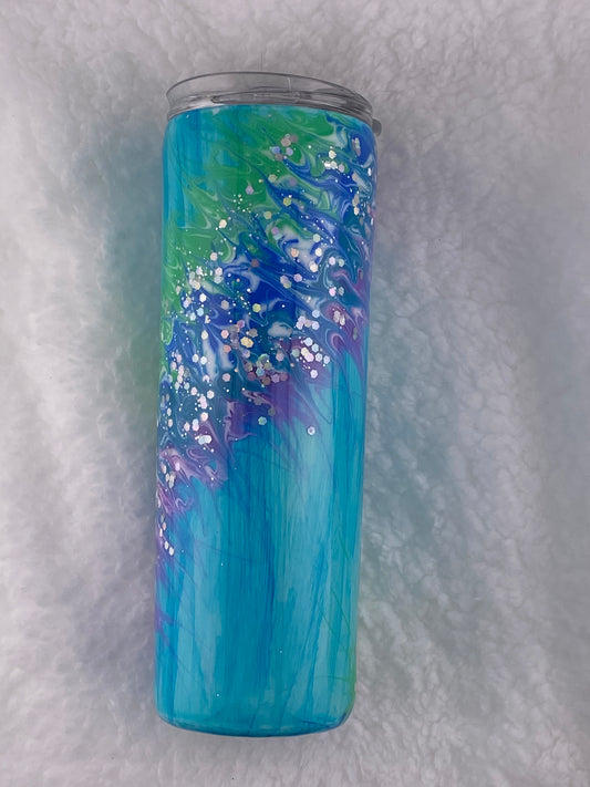 RTS Teal woodgrain, with swirl pigments (green, blue and purple, with glitter) Tumbler