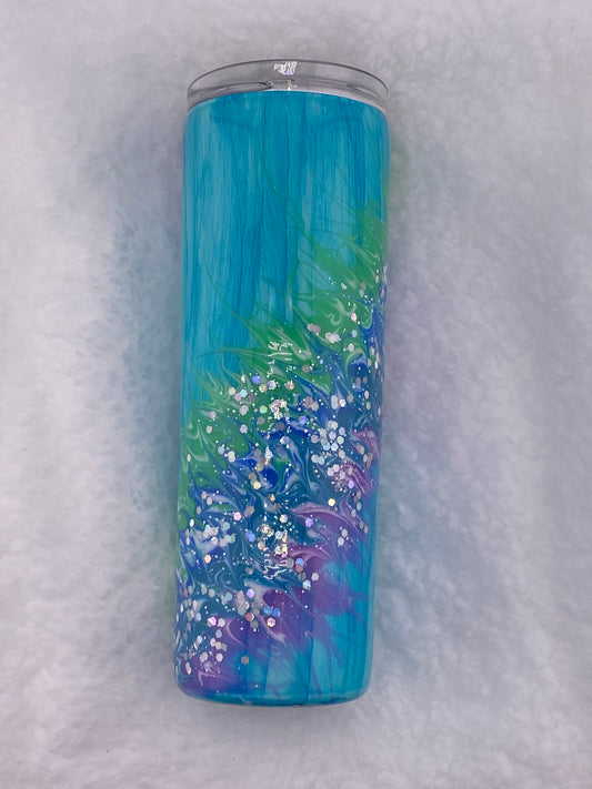 RTS Teal woodgrain, with swirl pigments (green, blue and purple, with glitter) Tumbler