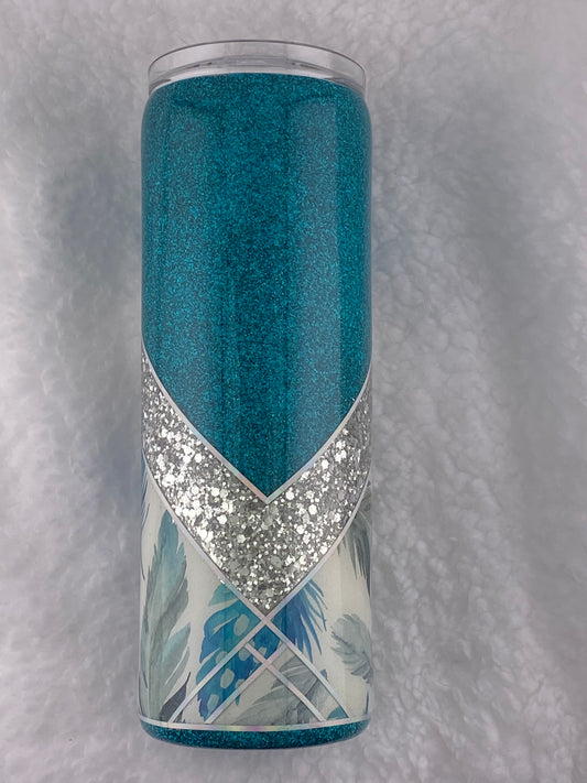 RTS V-Split with feather vinyl, teal and silver glitter Tumbler