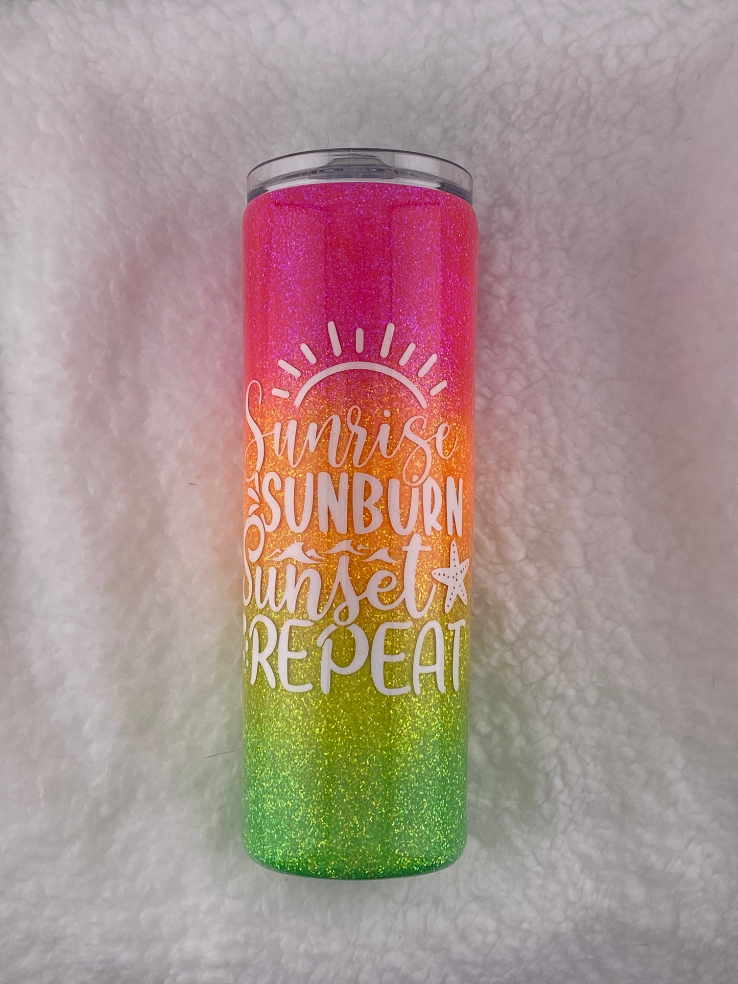 RTS Sunrise, sunburn, sunset, repeat decal on pink, orange, yellow and green glittered Tumbler