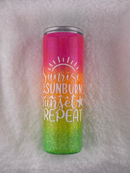 RTS Sunrise, sunburn, sunset, repeat decal on pink, orange, yellow and green glittered Tumbler