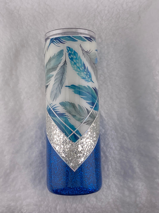 RTS V-Split- Feather vinyl, blue and teal ombre, and silver glitter Tumbler