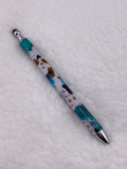 RTS Stylus Pen Black, Brown and White Cow Print with Teal